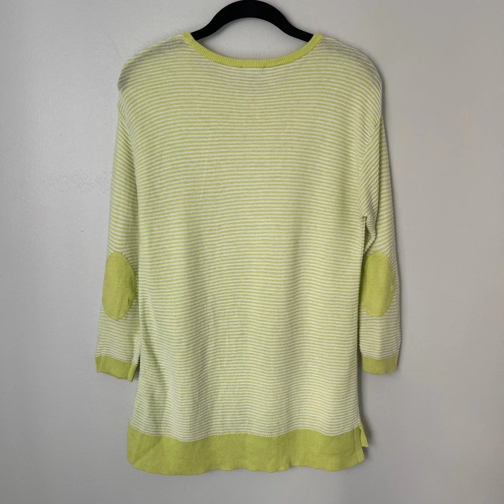 Talbots Striped Tunic‎ Sweater in Kiwi/White Elbow Patches 3/4 Sleeve Sz Small P